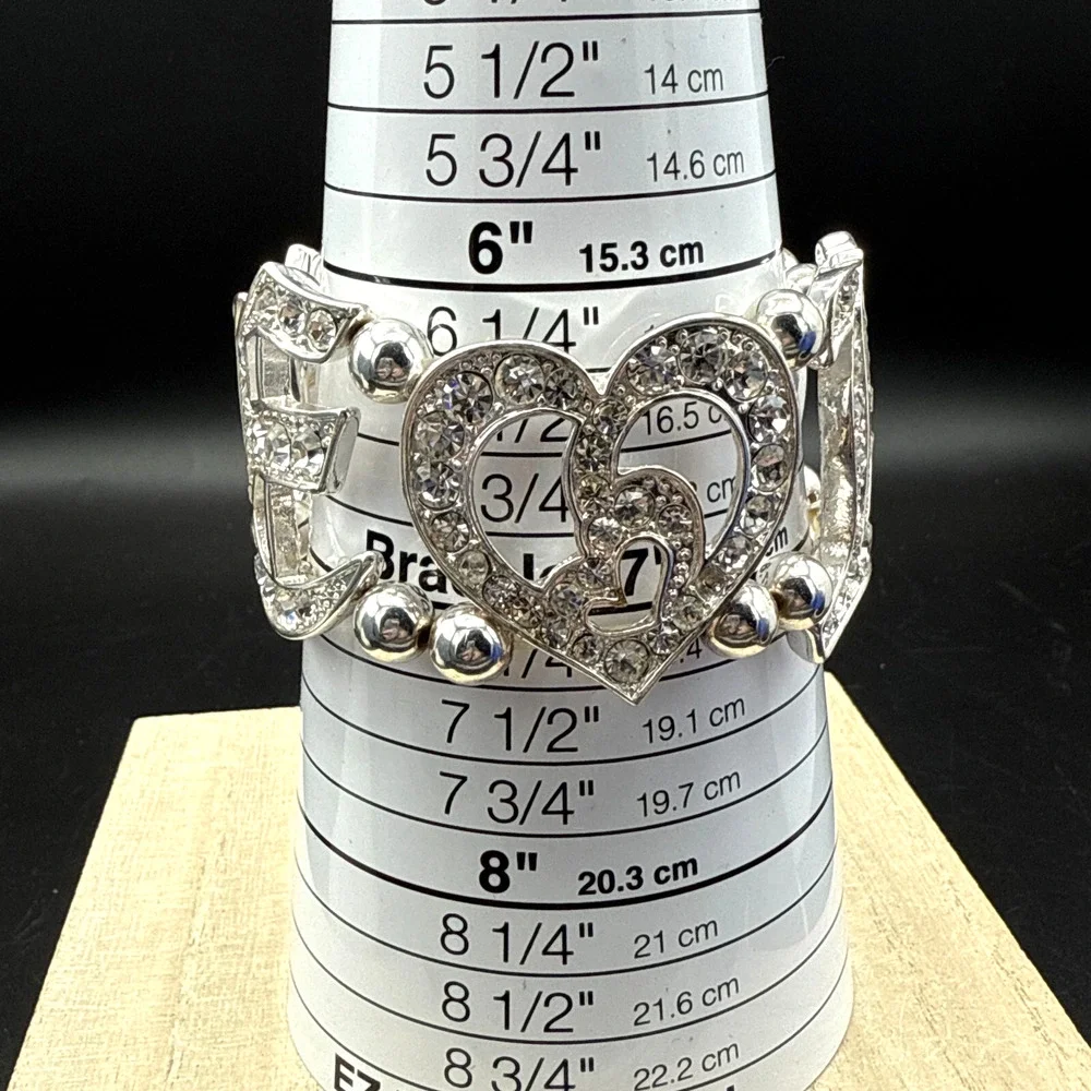 Crystal‎ Bracelet LOVE Bling Rhinestone Heart Silver Tone 6.5